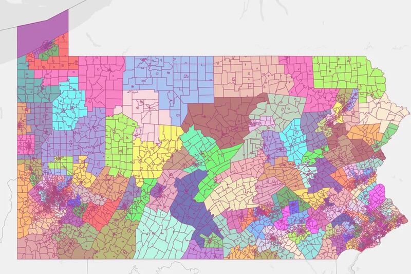 A map of Pennsylvania divided up into more than 200 colorful districts.
