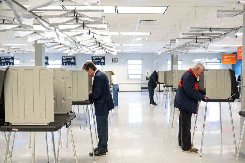 Two voters in the foreground stand with backs to each other at two long rows of voting booths. One is wearing a suit, the other a windbreaker.