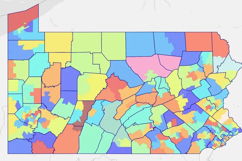 A map of Pennsylvania divided into dozens of colorful districts, many intersecting with thick county borders. 