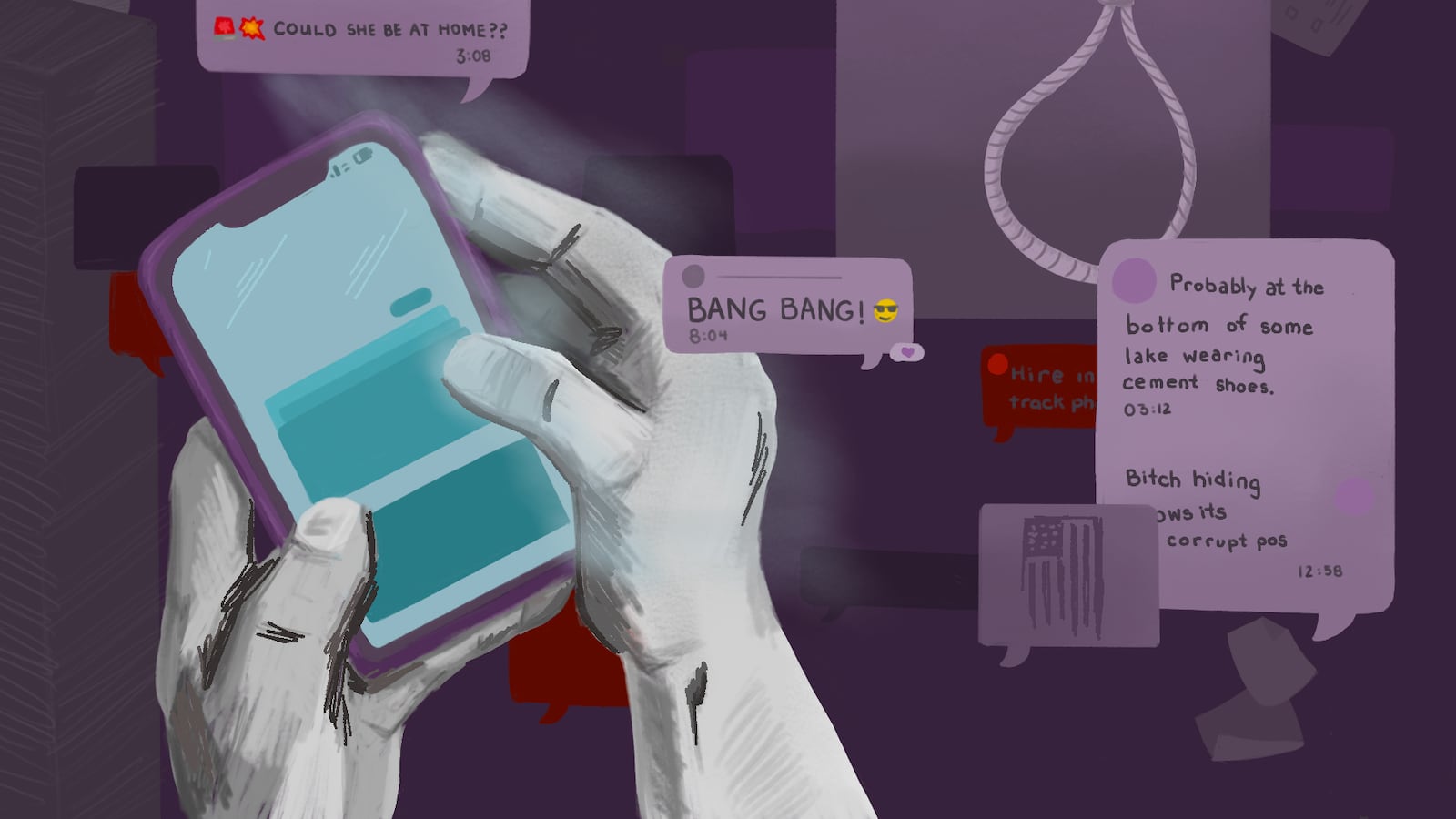 An illustration of two hands holding a cell phone with text bubbles.