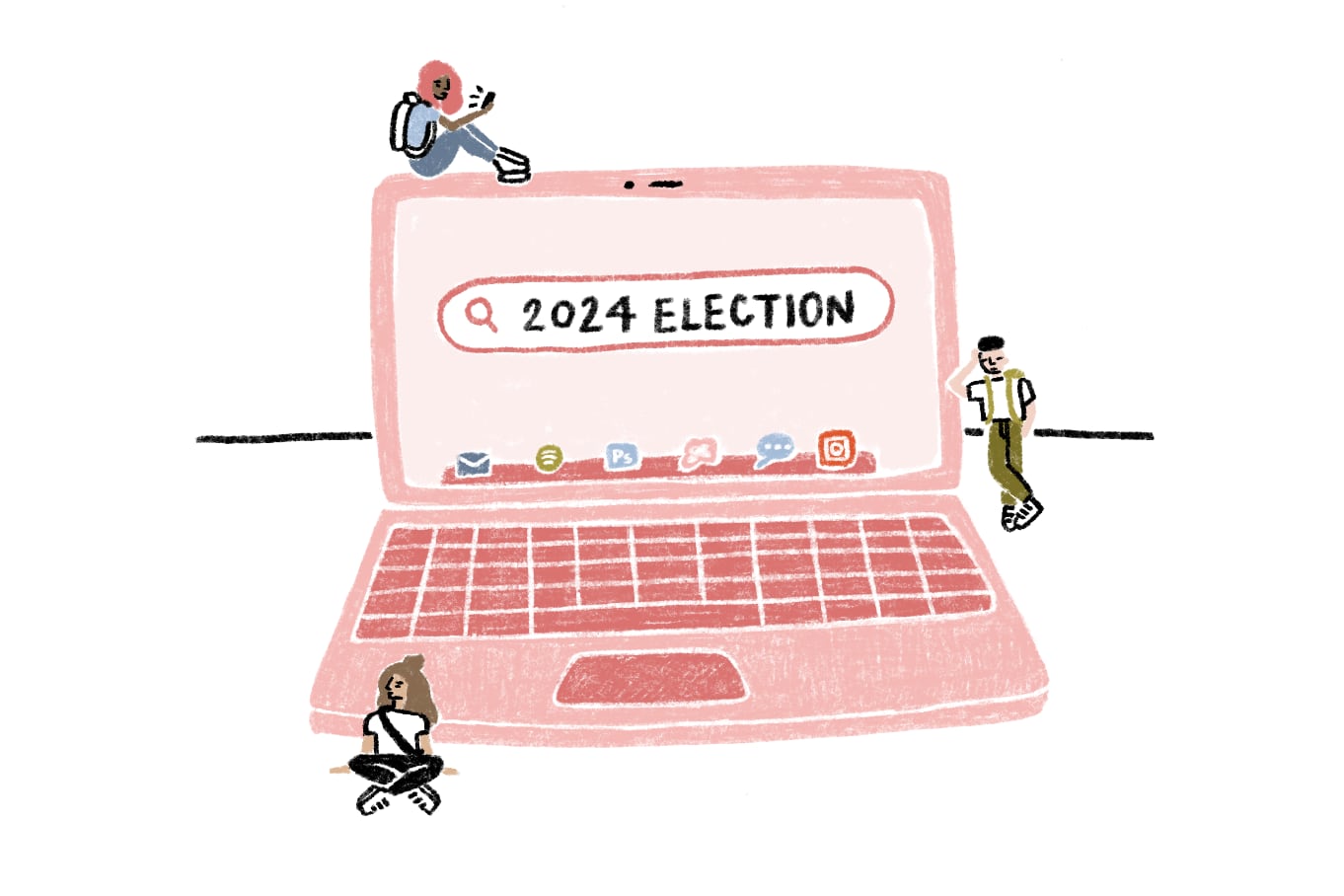 An illustration of a pink and red laptop with the words. "2024 Elections" on it with three students smaller than the laptop sitting on top, the side and bottom.