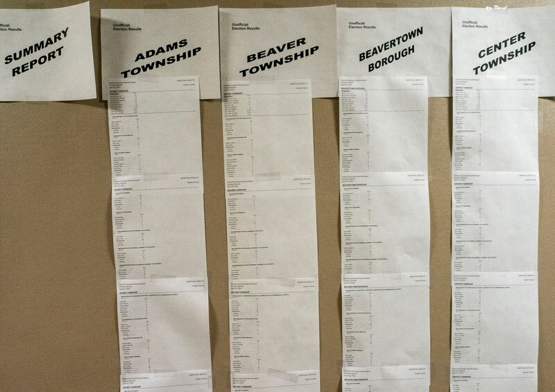 Four columns of paper pined to a cork board.