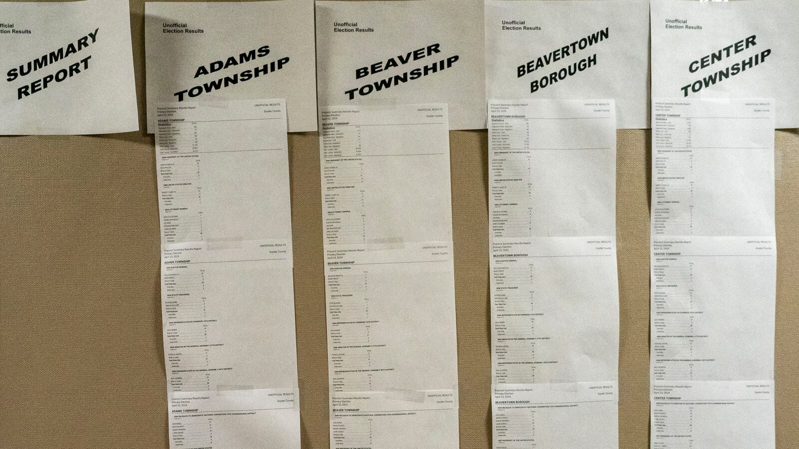 Four columns of paper pined to a cork board.