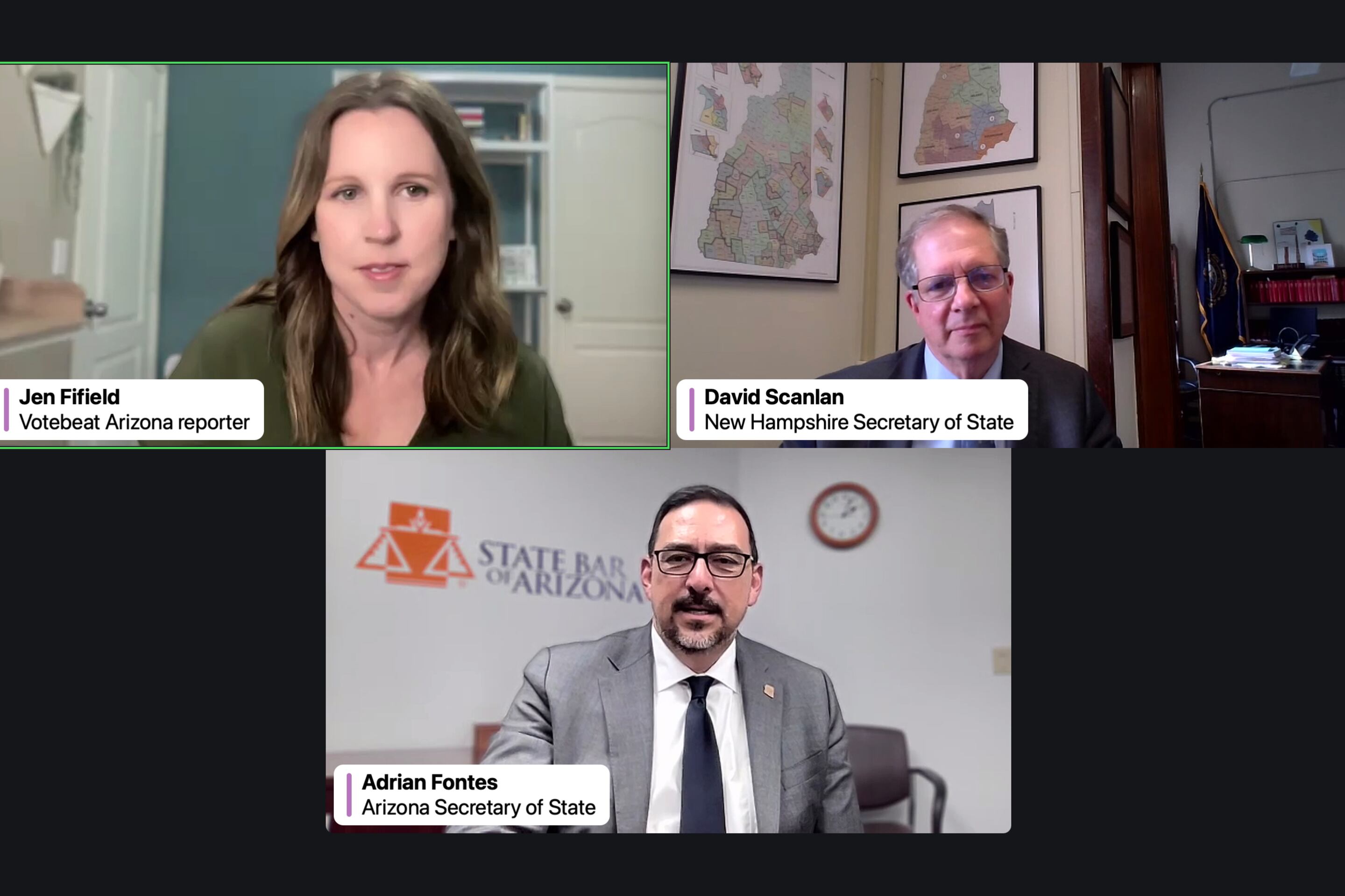 Three people on different Zoom calls on a black background.