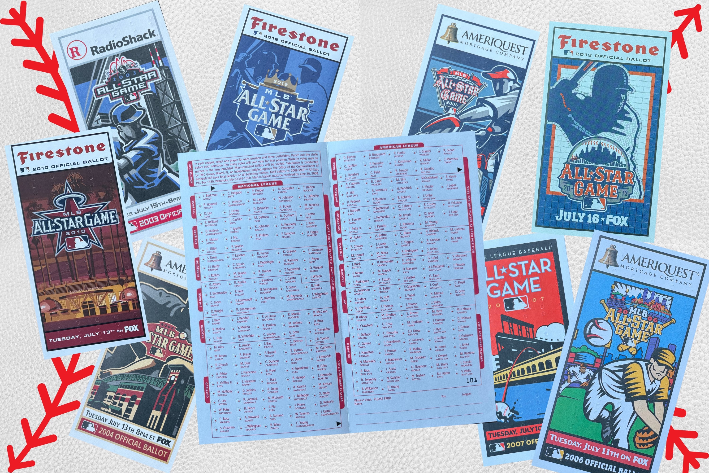 A photo collage of MLB All-Star ballots, with a backdrop design of a baseball.