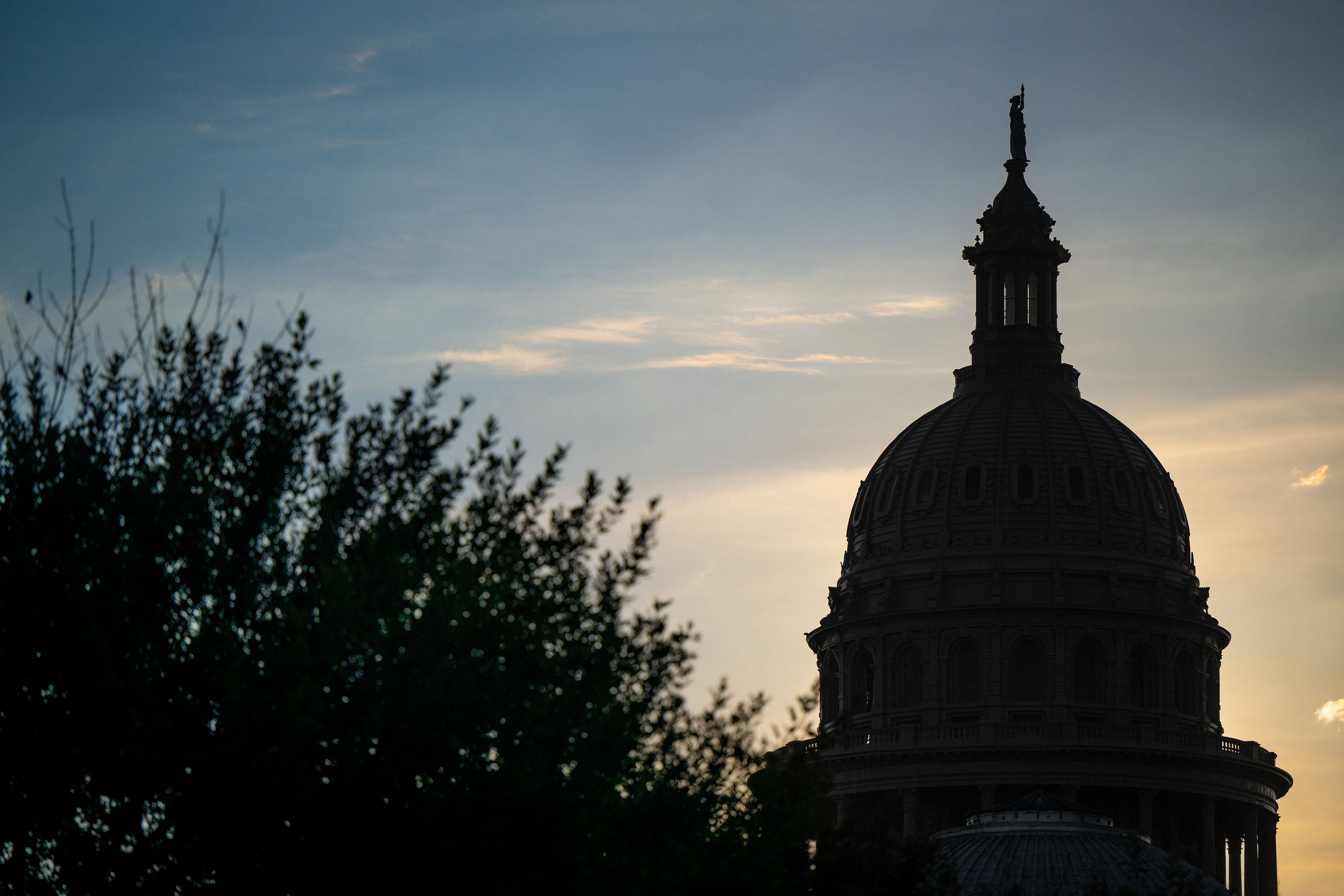 A silhouette of the top of the Texas State Capitol with a tree on the left and a sky with clouds in the background.