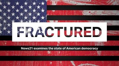 A U.S. flag with white stripes replaced by black stripes and a violent image in red tones seen beneath. The word "Fractured" appears