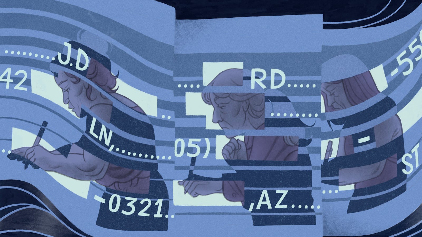 A black, white and blue toned illustration showing three different people voting on paper with lines and numbers and letters around the people.