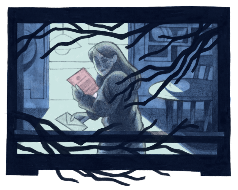 A black, blue, white and red illustration of a woman holding paper with vines around her while she sits in her home.