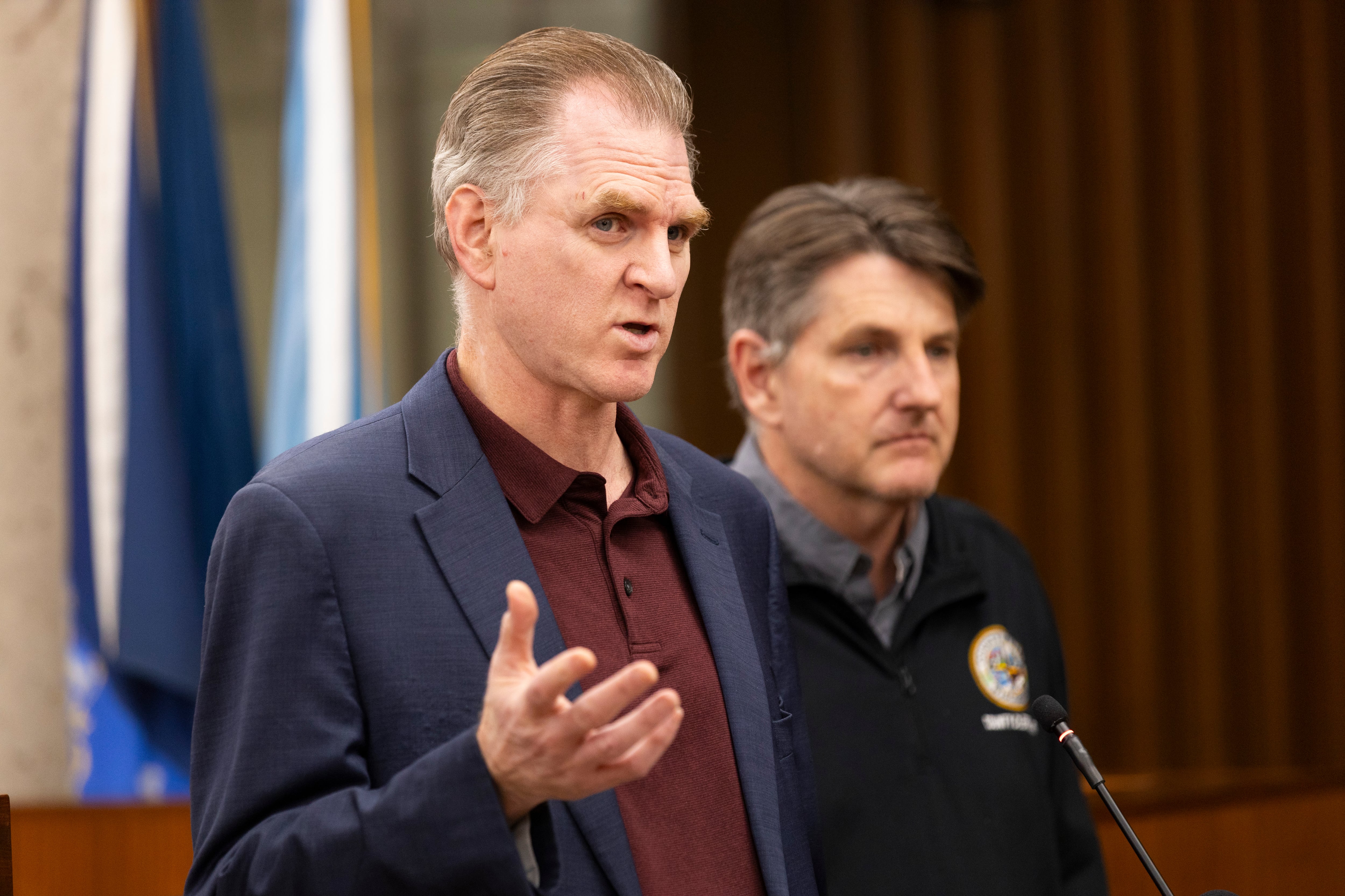 Madison City Attorney and Interim City Clerk Mike Haas, left, and Dane County Clerk Scott McDonell, right, address the press following the Spring Election at the City-County Building on Tuesday, April 1, 2025.