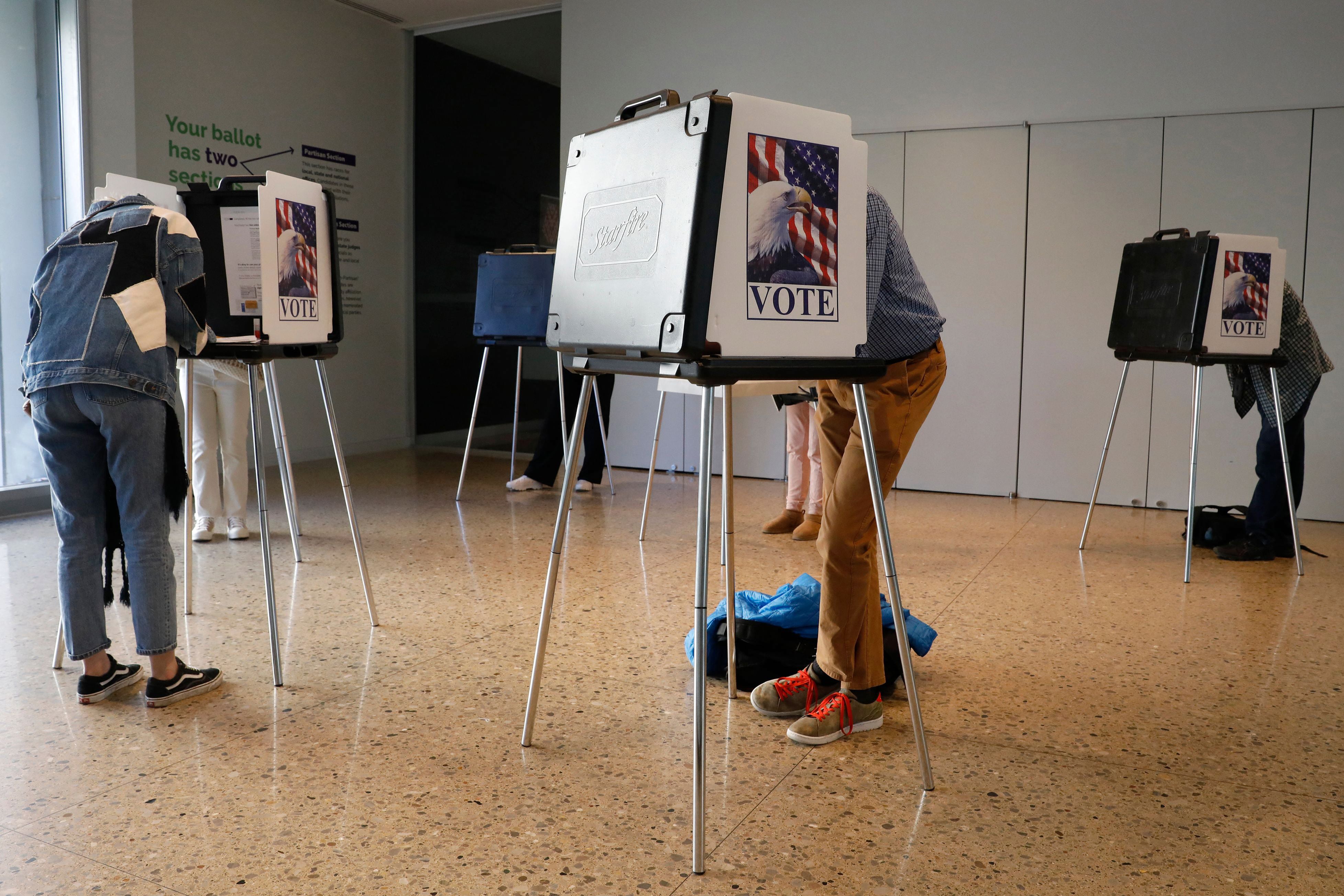 A small group of people stand at voting booths in a room.
