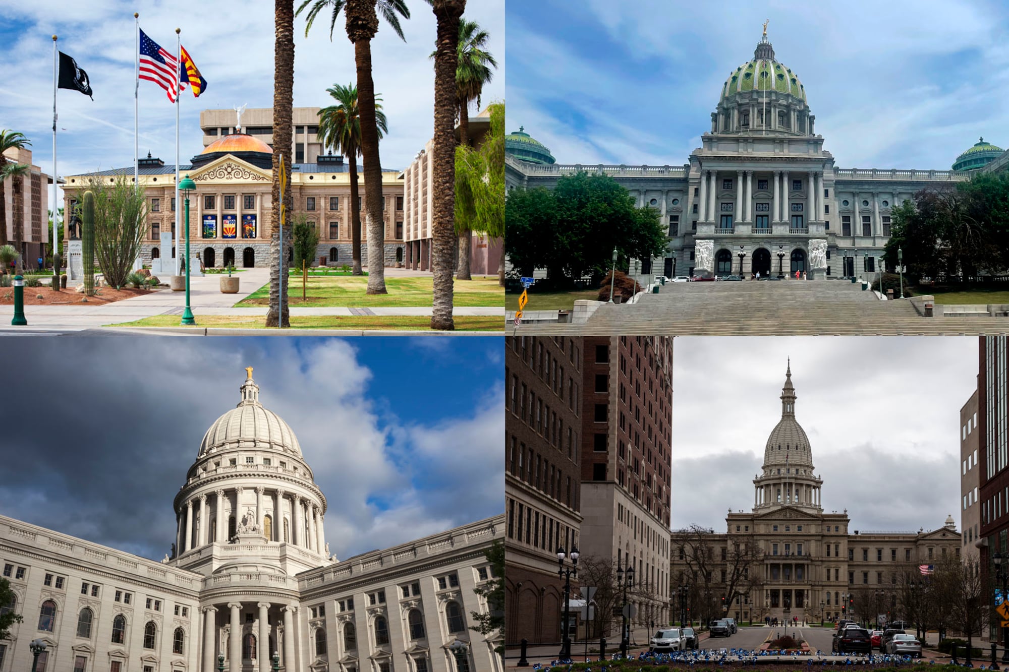 A grid of four images of state capitol buildings outside.