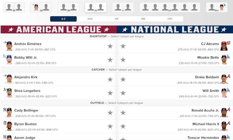 A screenshot of the Major League Baseball 2026 e-ballot voting website with players' names and photos listed on it.
