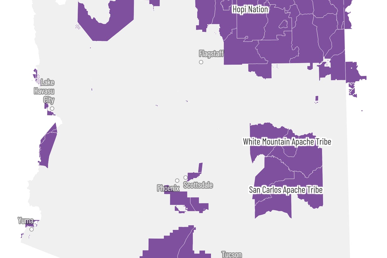 A white and purple map of Arizona.