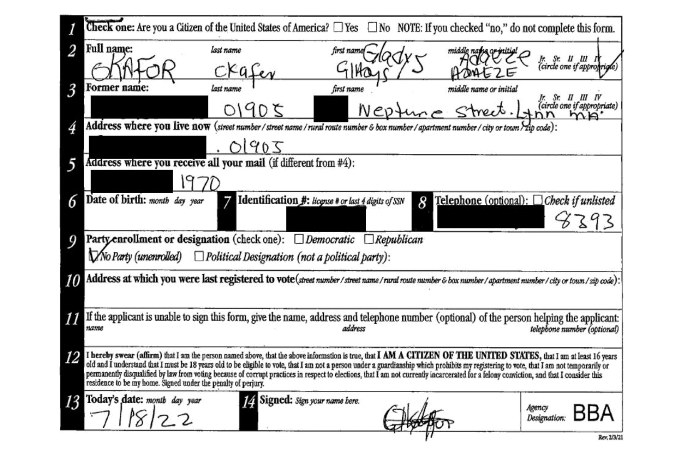 A screen grab of a voter registration form filled out with some redacted info.