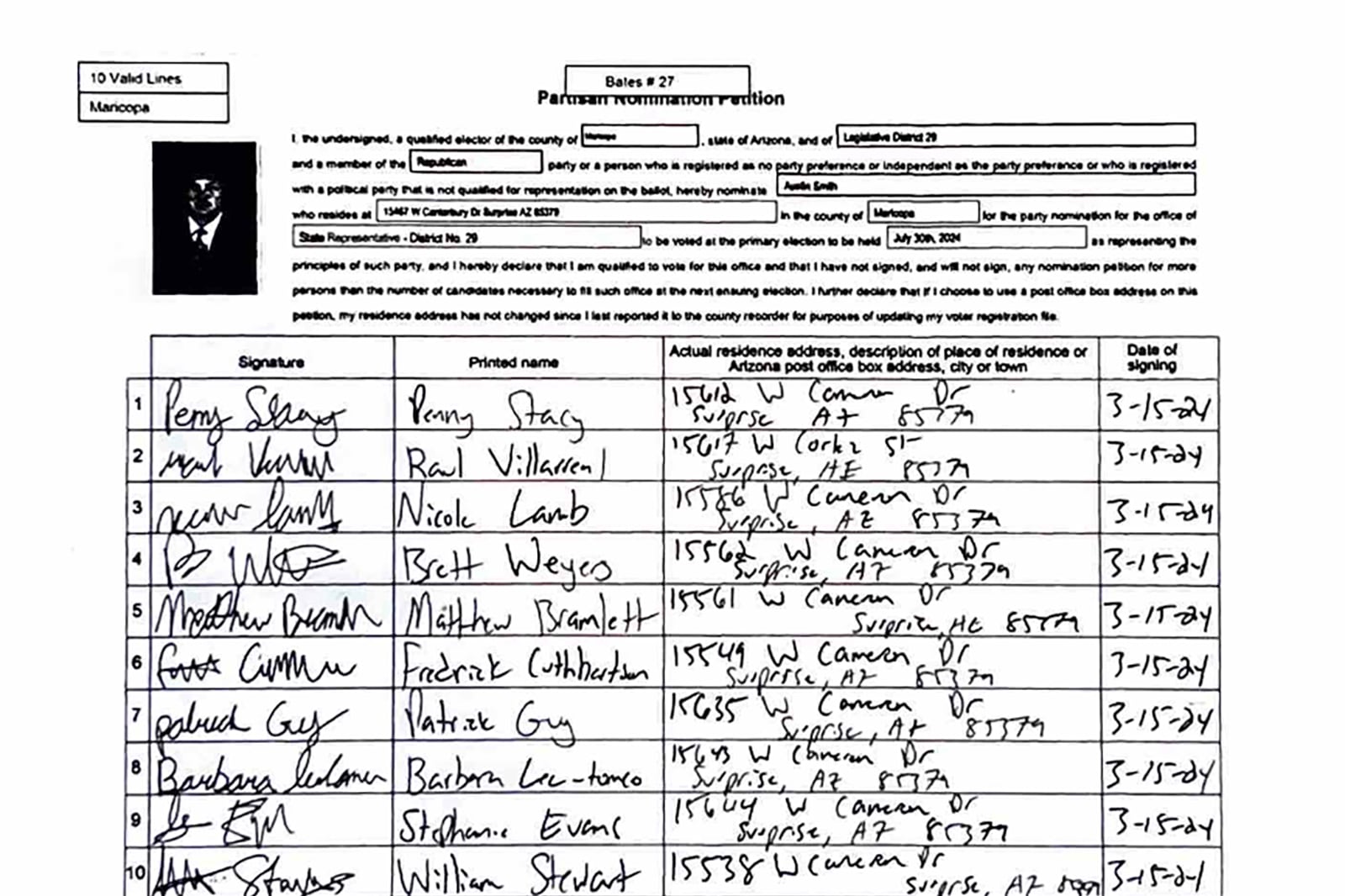 A white piece of paper filled with signatures and lines, all in black.