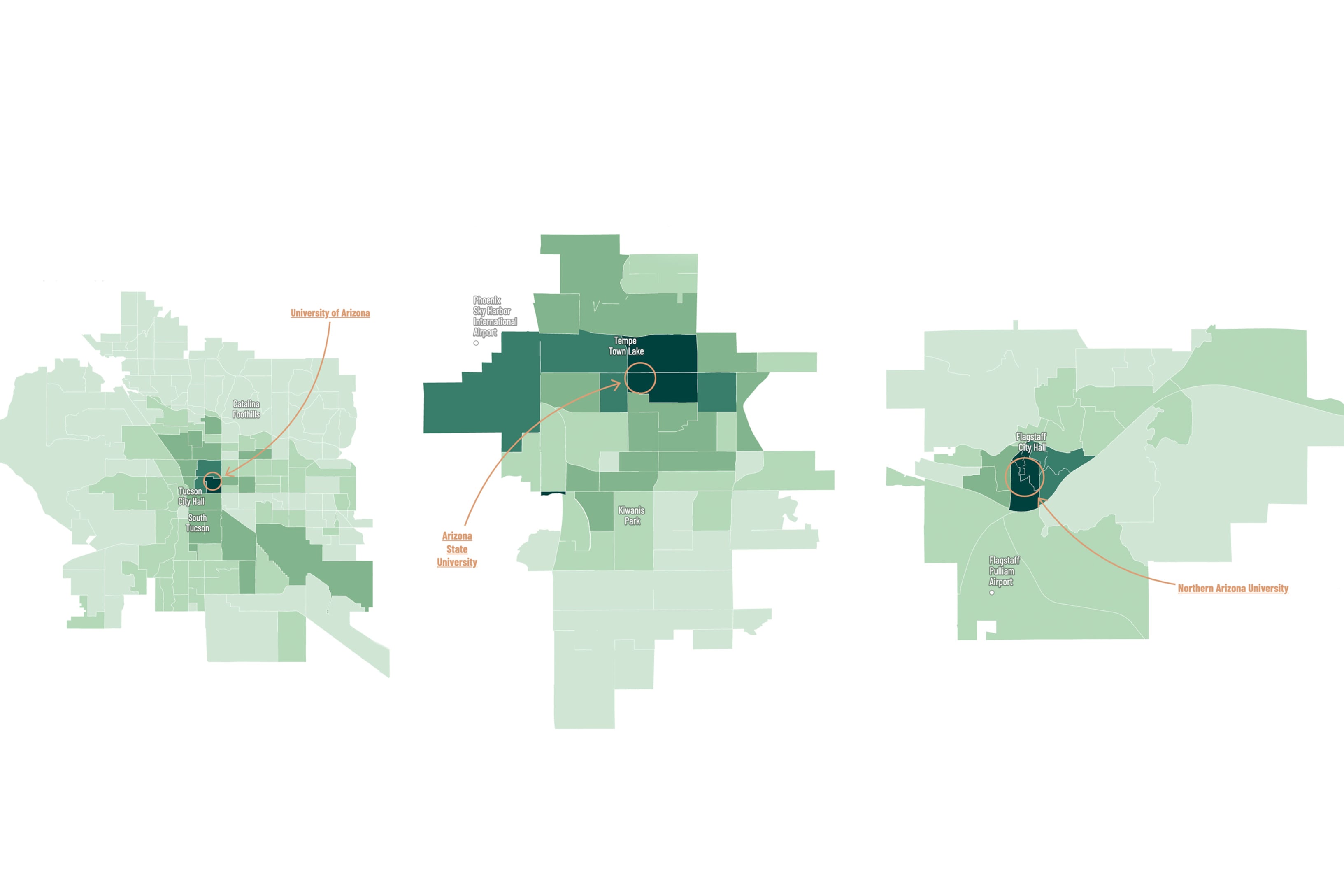 Three maps of different shades of green sit on a white background.