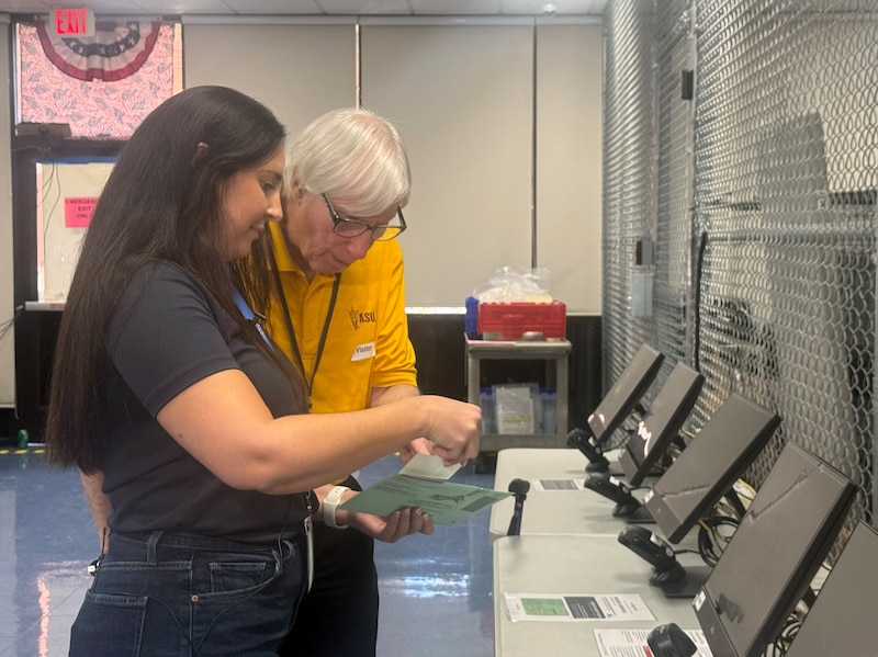 A photograph of two women standing at a ballot machine.