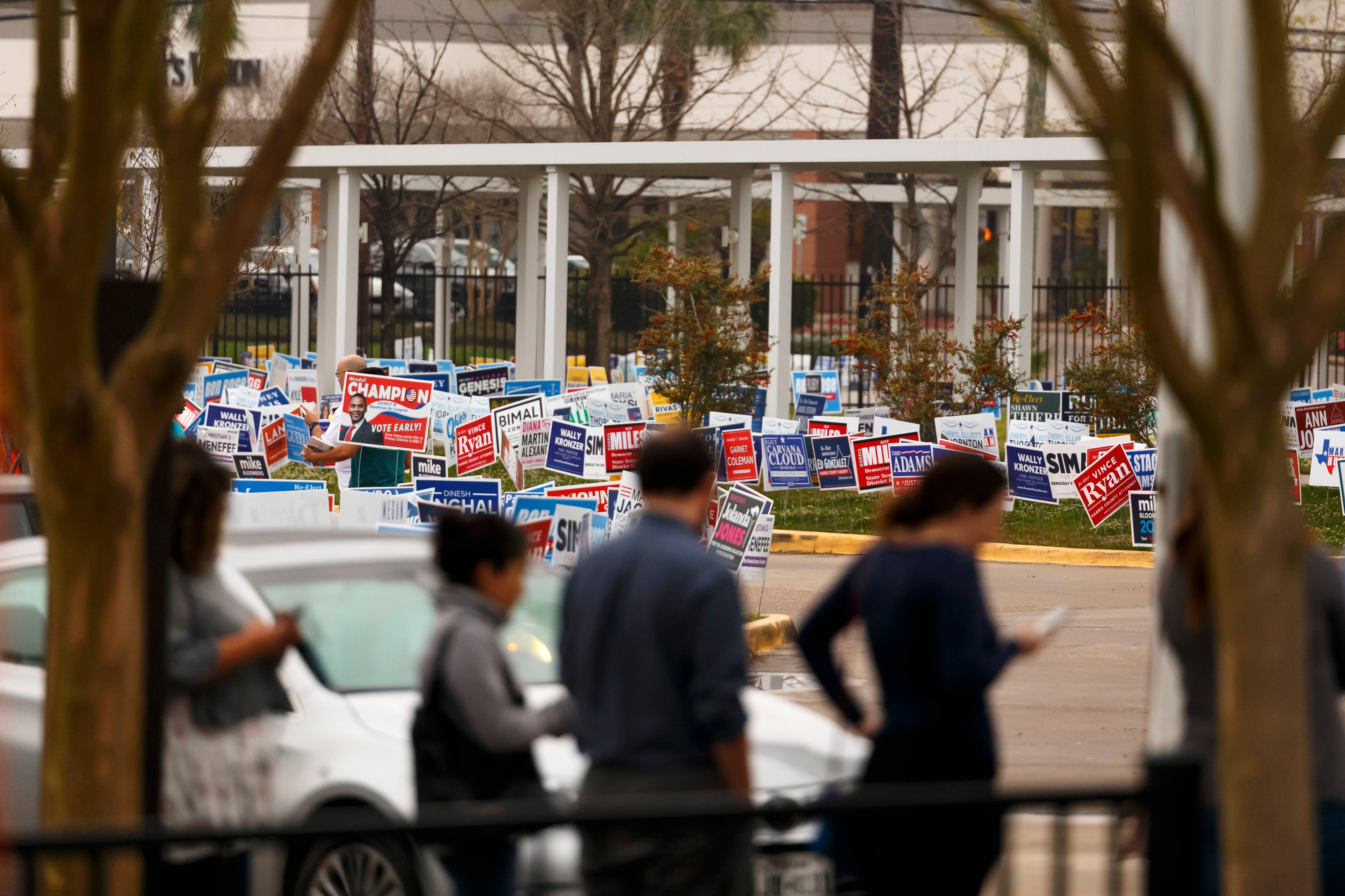 A large cluster of political signs sticking out of the ground are the focus in the background while silhouettes of people standing in line to vote in the foreground.