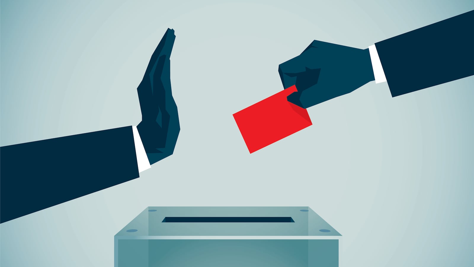 An illustration of two hands, where one is choosing a ballot from a transparent box of red ballots.