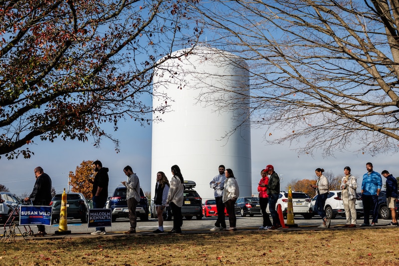 A line of people in front of a silo and between two large trees outside.