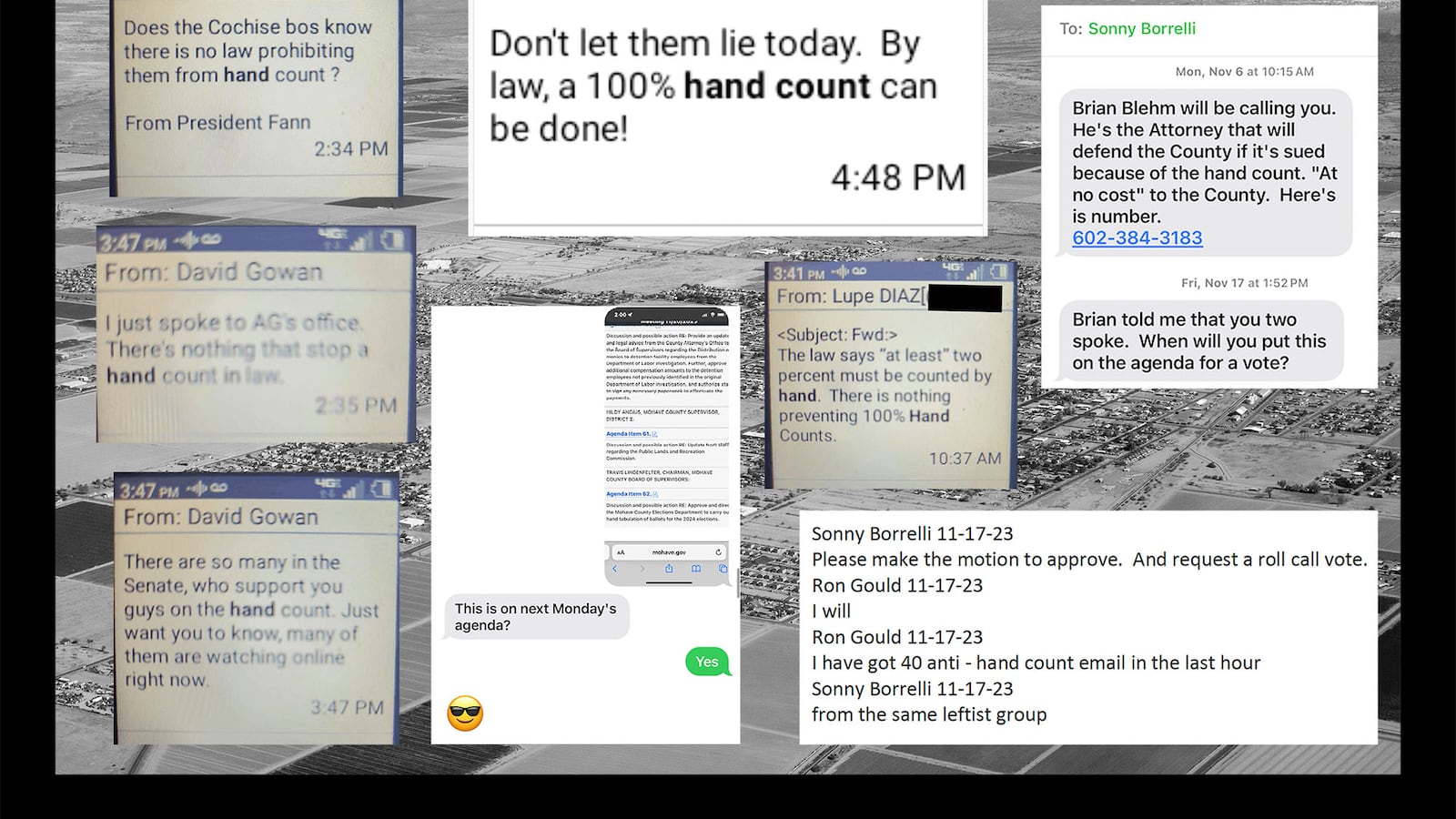 A black and white photo of Pinal County with a black background with eight photos of text messages.
