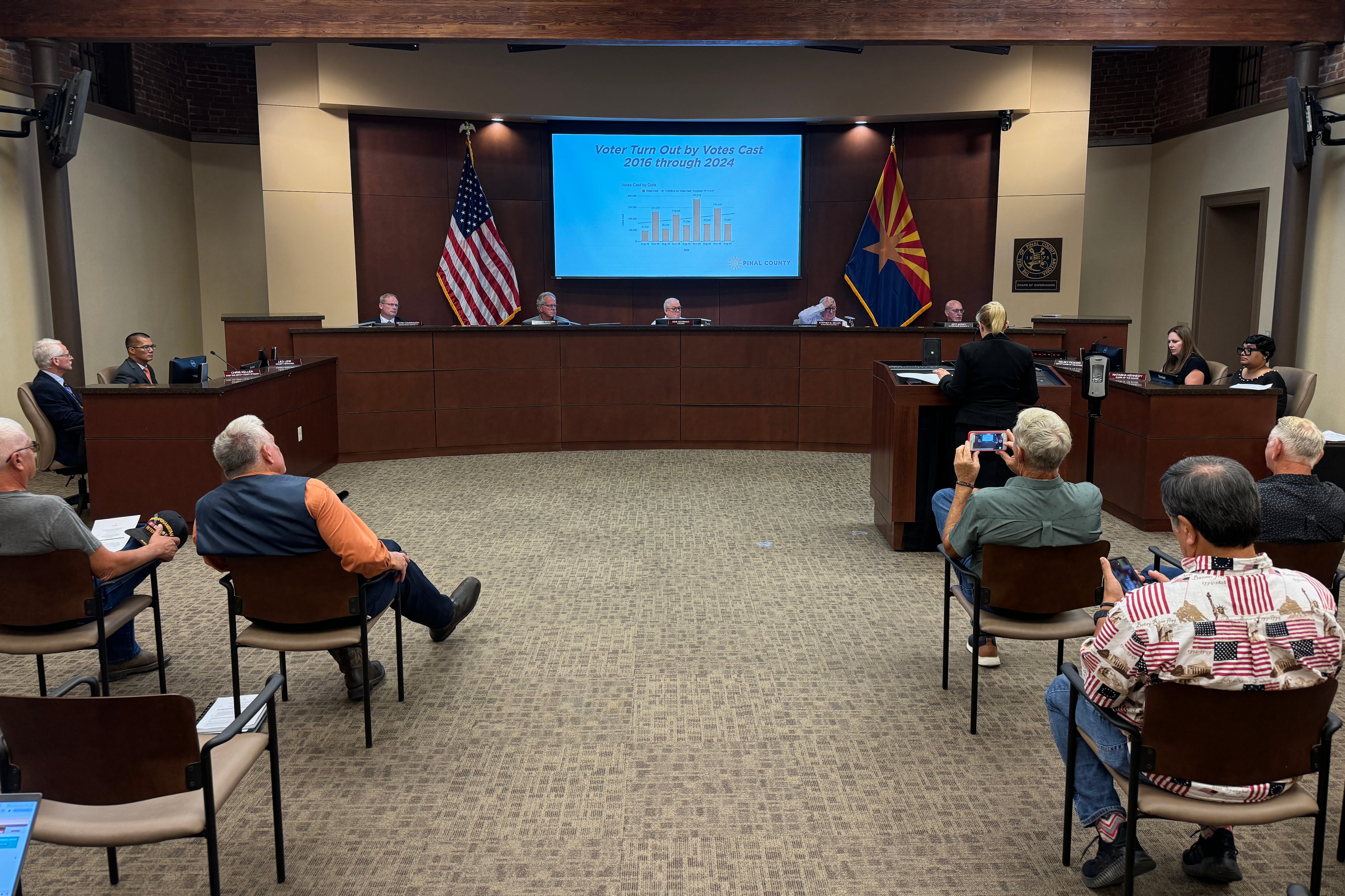 A group of people sit at chairs along a wall in a conference room.