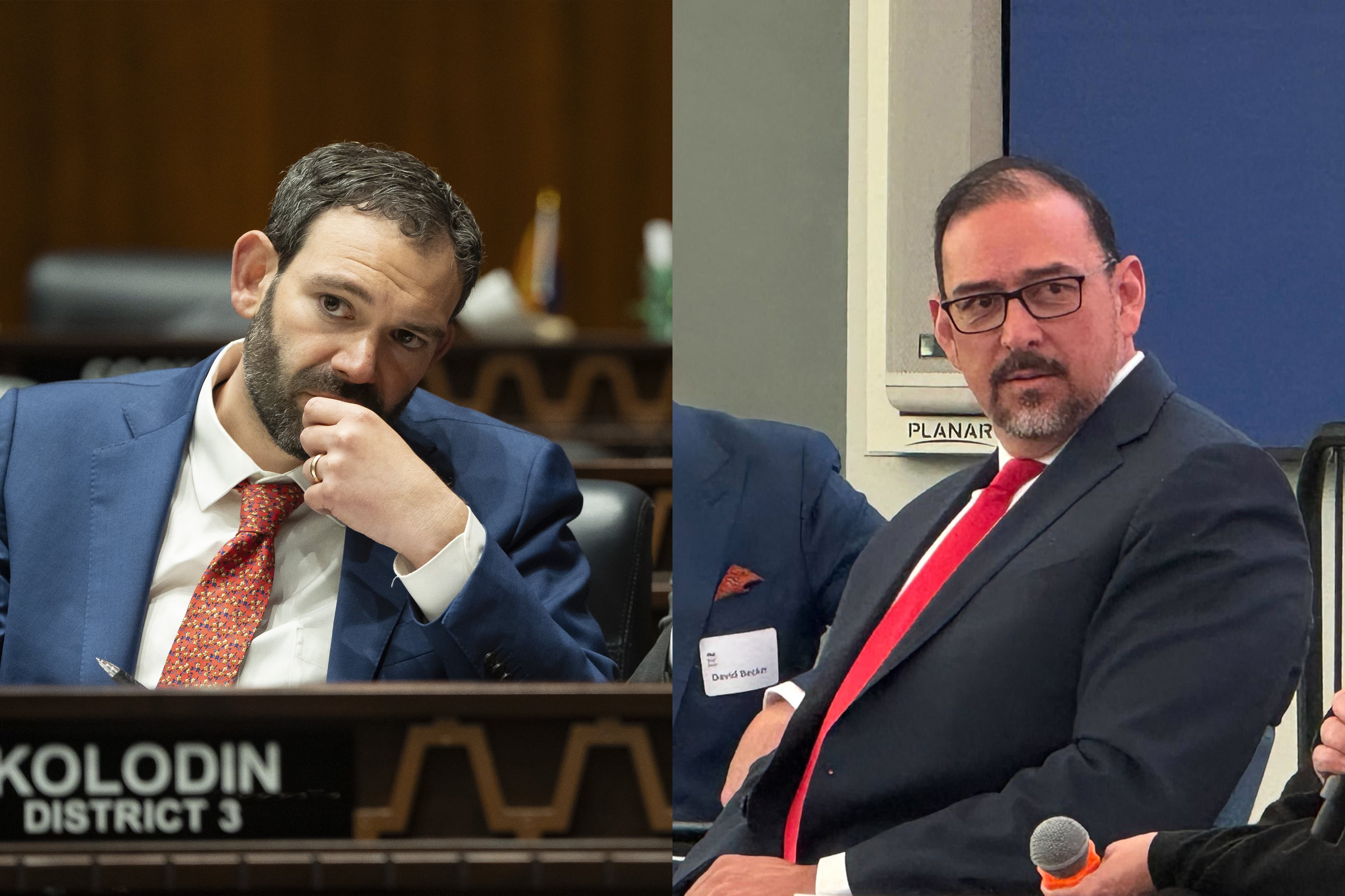 A white man in a suit sits on the left and another photos of a man in a suit sitting both images are in a diptych.