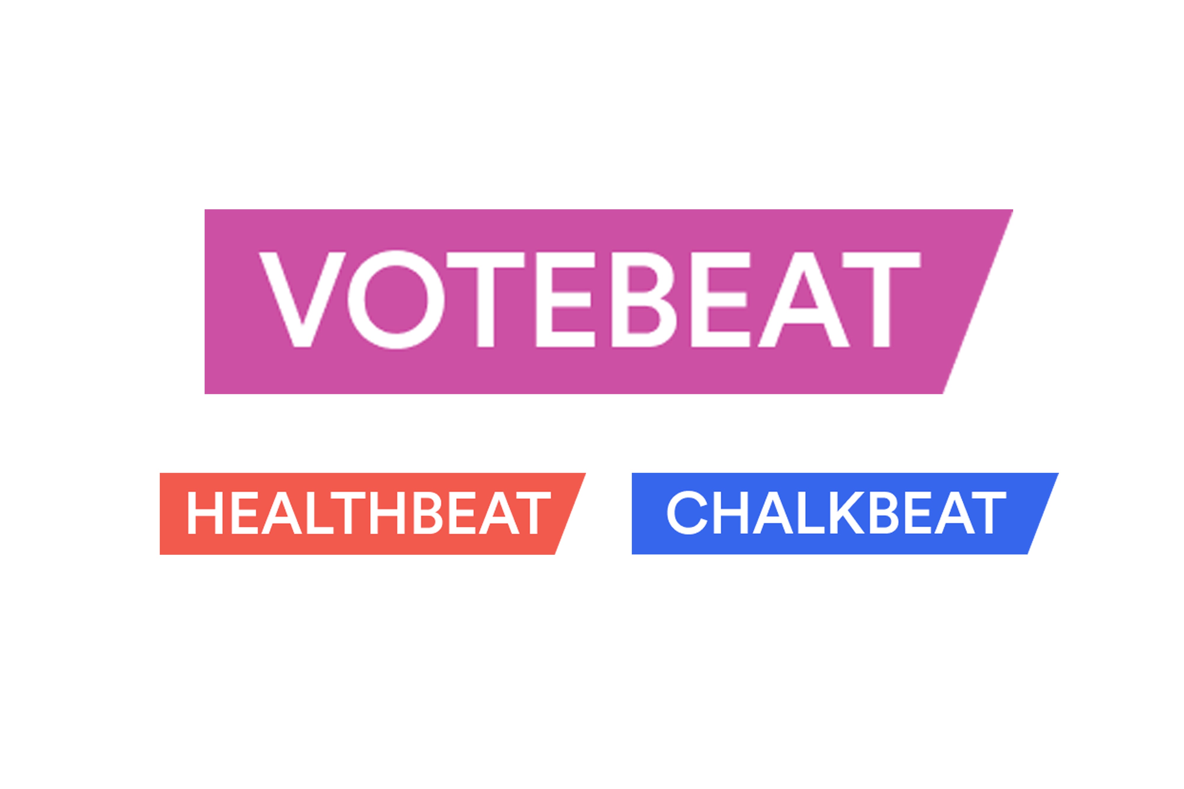 Three logos in red, blue and pink on a white background.