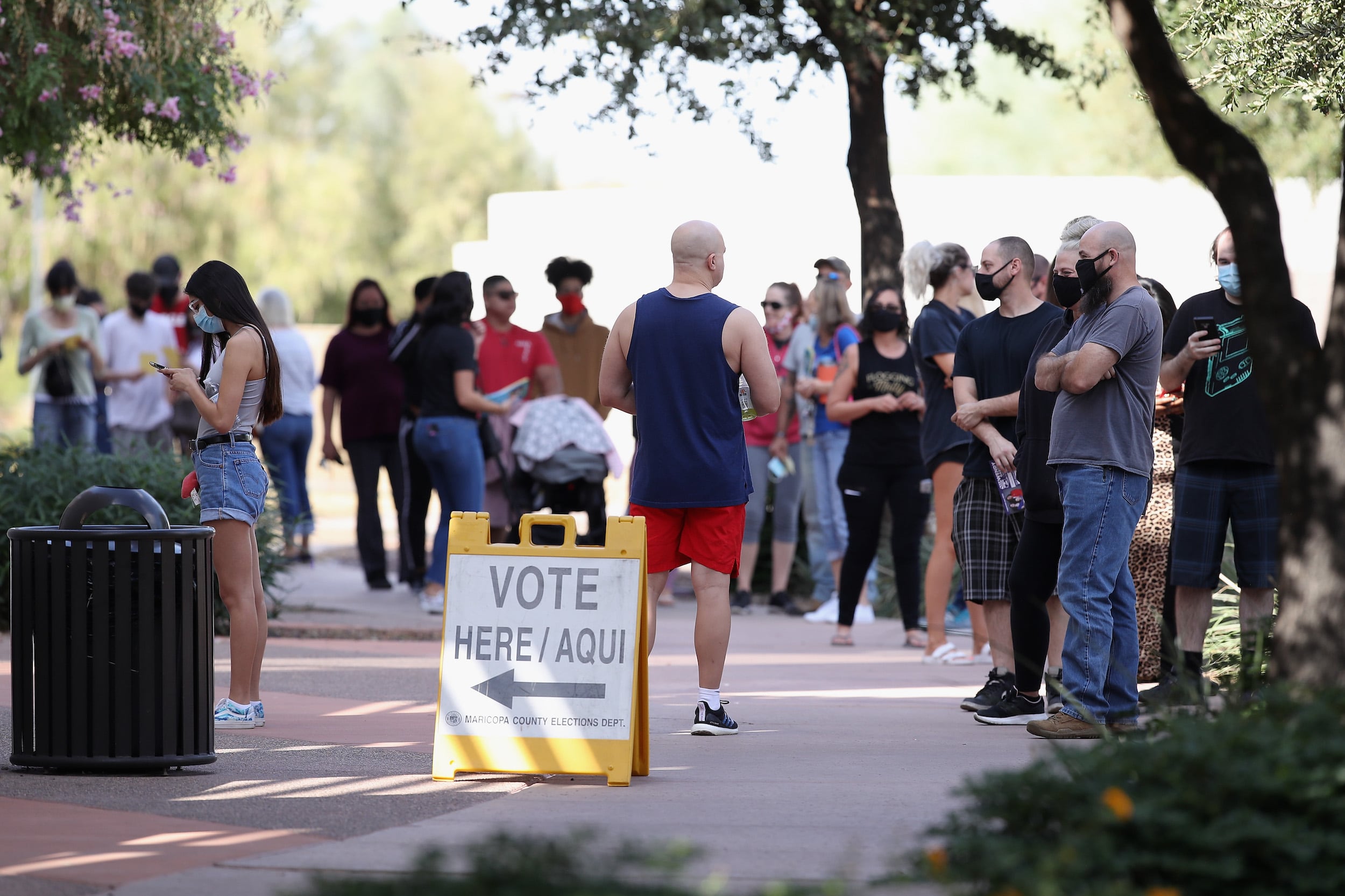 Voters wait in line at the Surprise Court House polling location on Nov. 3, 2020 in Surprise, Arizona.