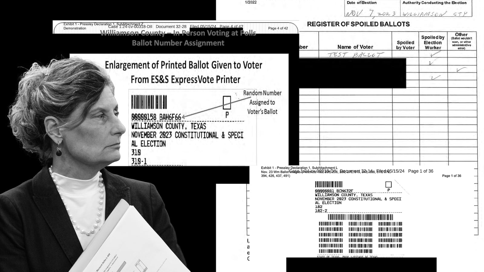 A black and white illustration showing a photograph of a woman holding glasses and a small stack of paper and three images of redacted documents in the background.