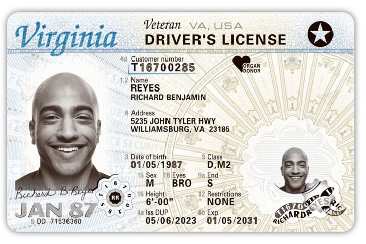 A mock Virginia driver's license showing a portrait of a man with no hair, words around the rectangle with a light background.