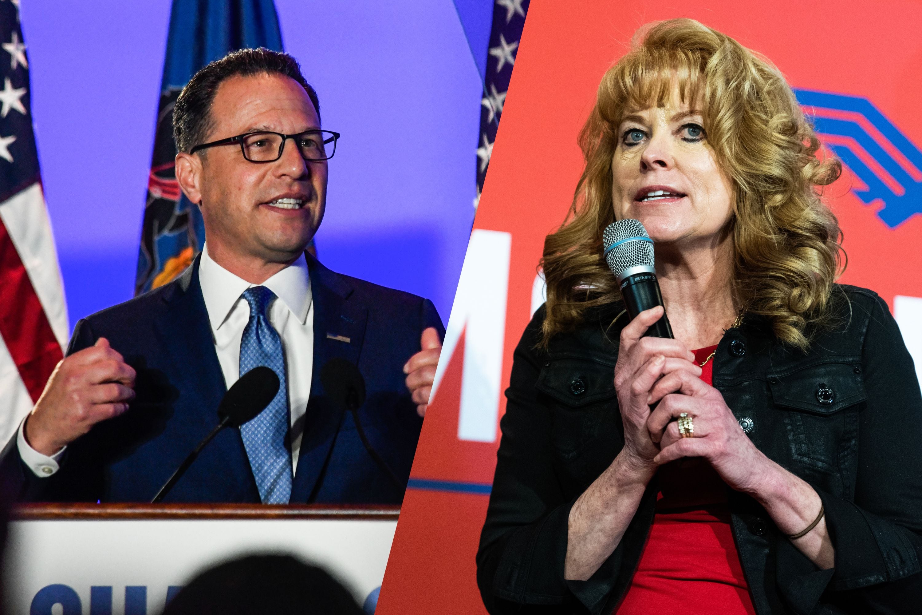 A photo collage made with two photos, on the left is a white man wearing a suit speaking at a podium, and on the right, a white female holding a microphone speaking.