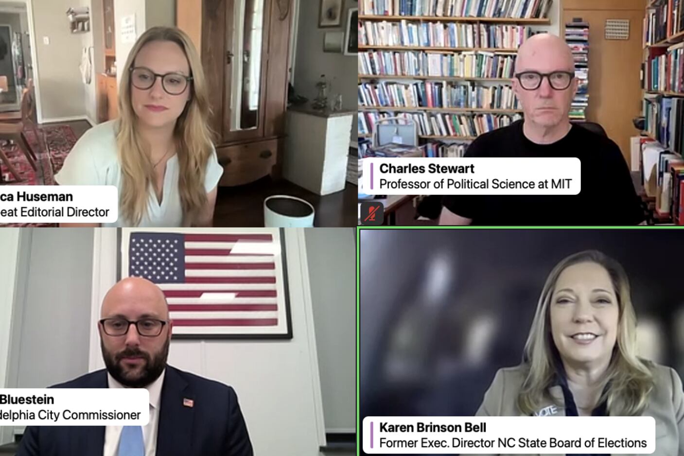 A screen grab of a zoom call with four adults, two men and two women, meeting virtually.