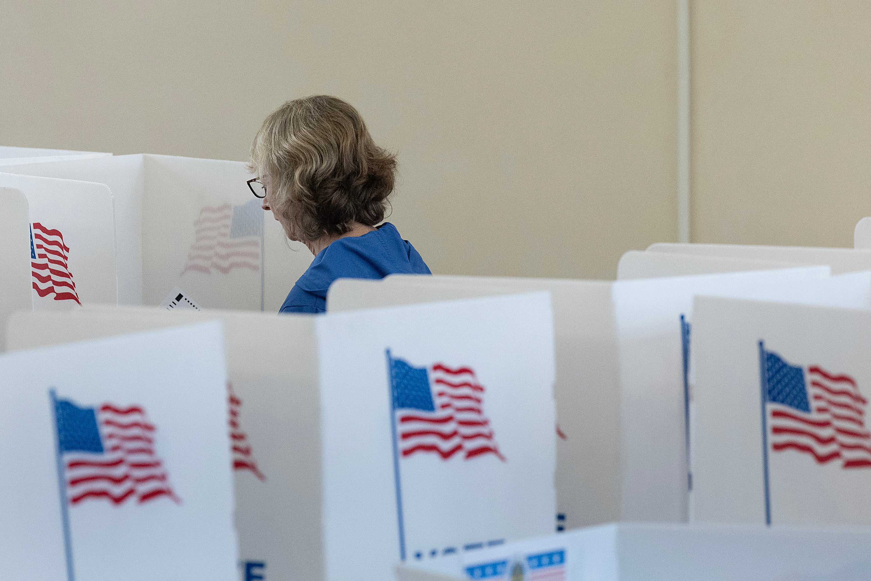 A person with short blonde hair and wearing a blue shirt is seen through rows of white voting dividers, each have a blue and red American flag on them. A tan wall in the background.