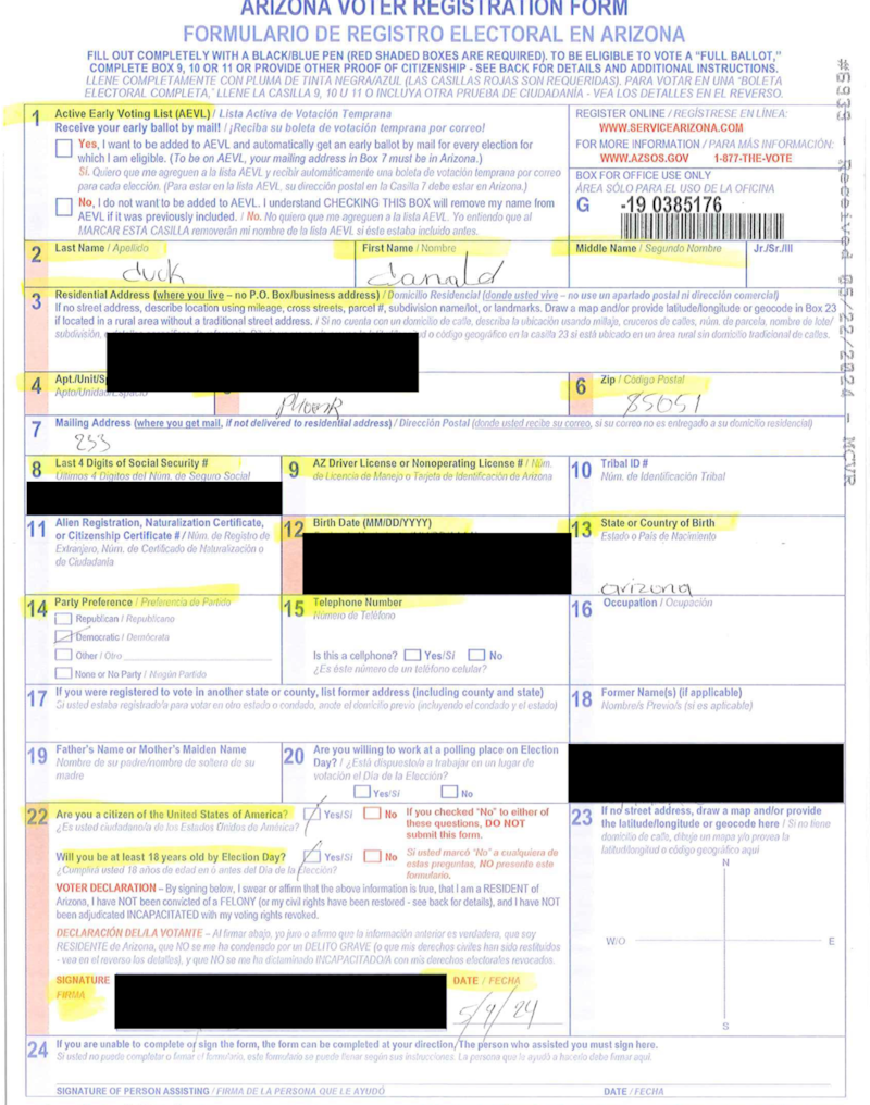 A voter registration form with a white background and blue, yellow, black and red text on it.