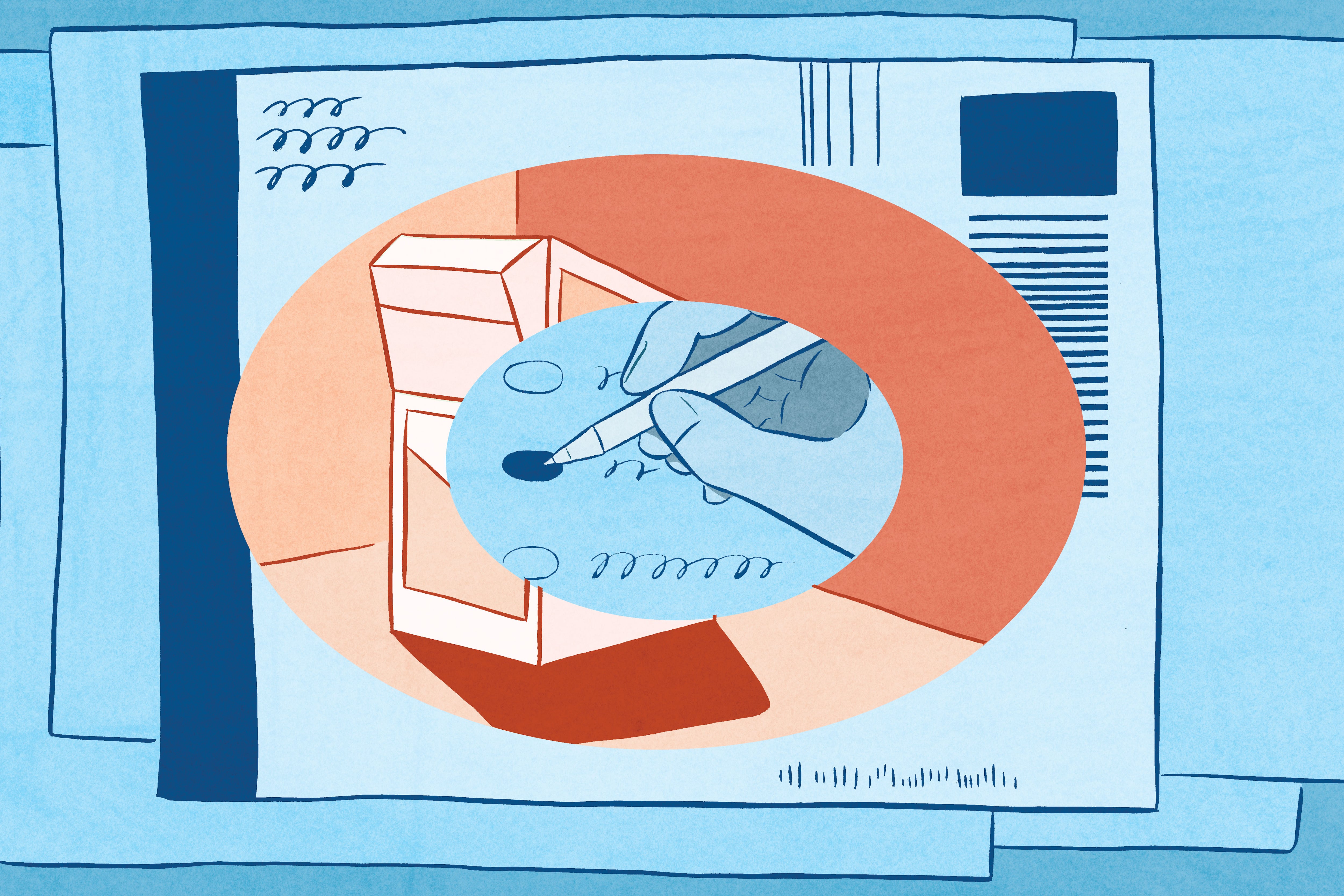 A colorful drawing of a hand filling in a ballot with a pen, at the center of a background with a drop box, at the center of a background with a mail ballot.