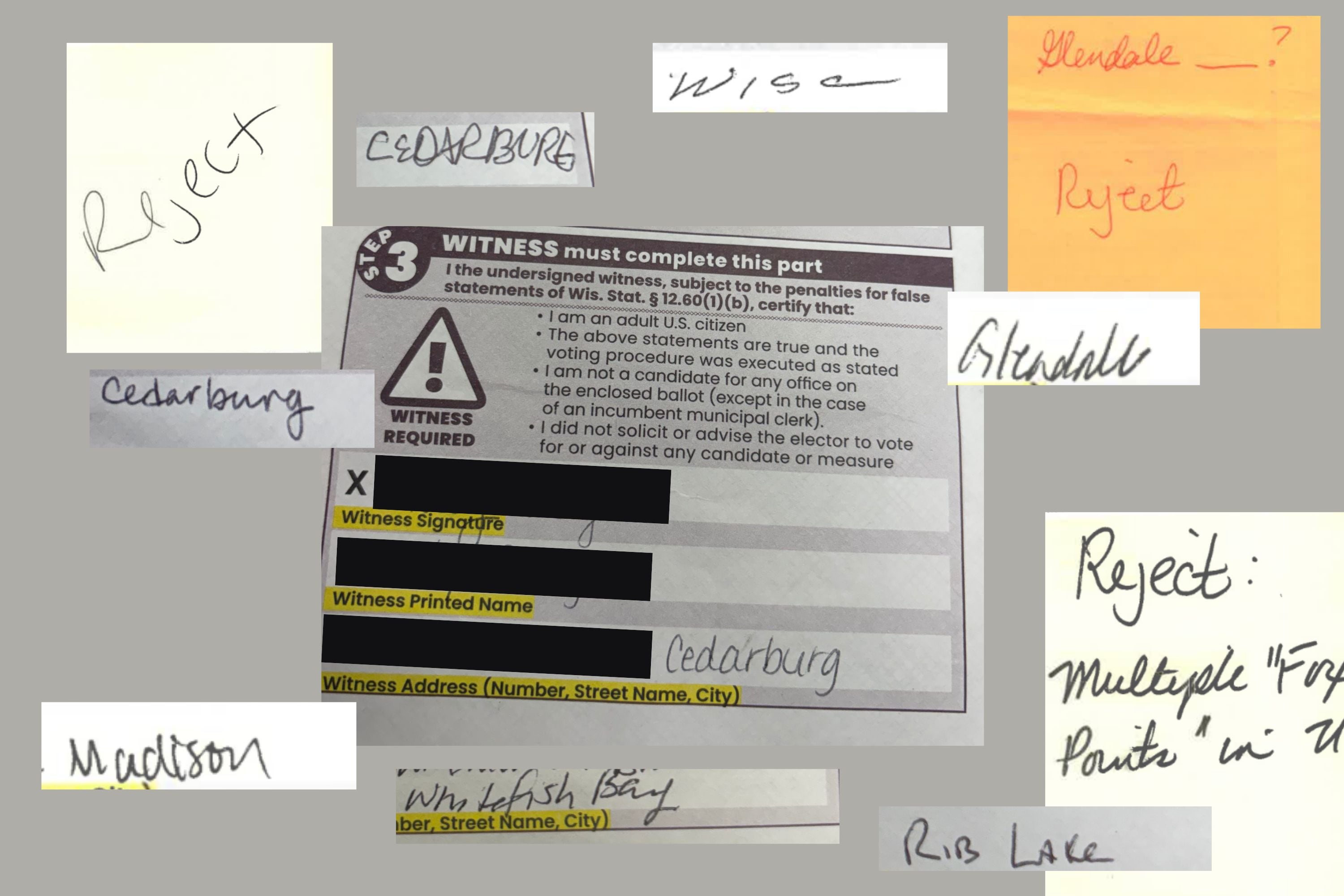 A photo collage of the ballots, showing only the municipality names, with some post-it notes reading 'reject' at the corners of the collage.
