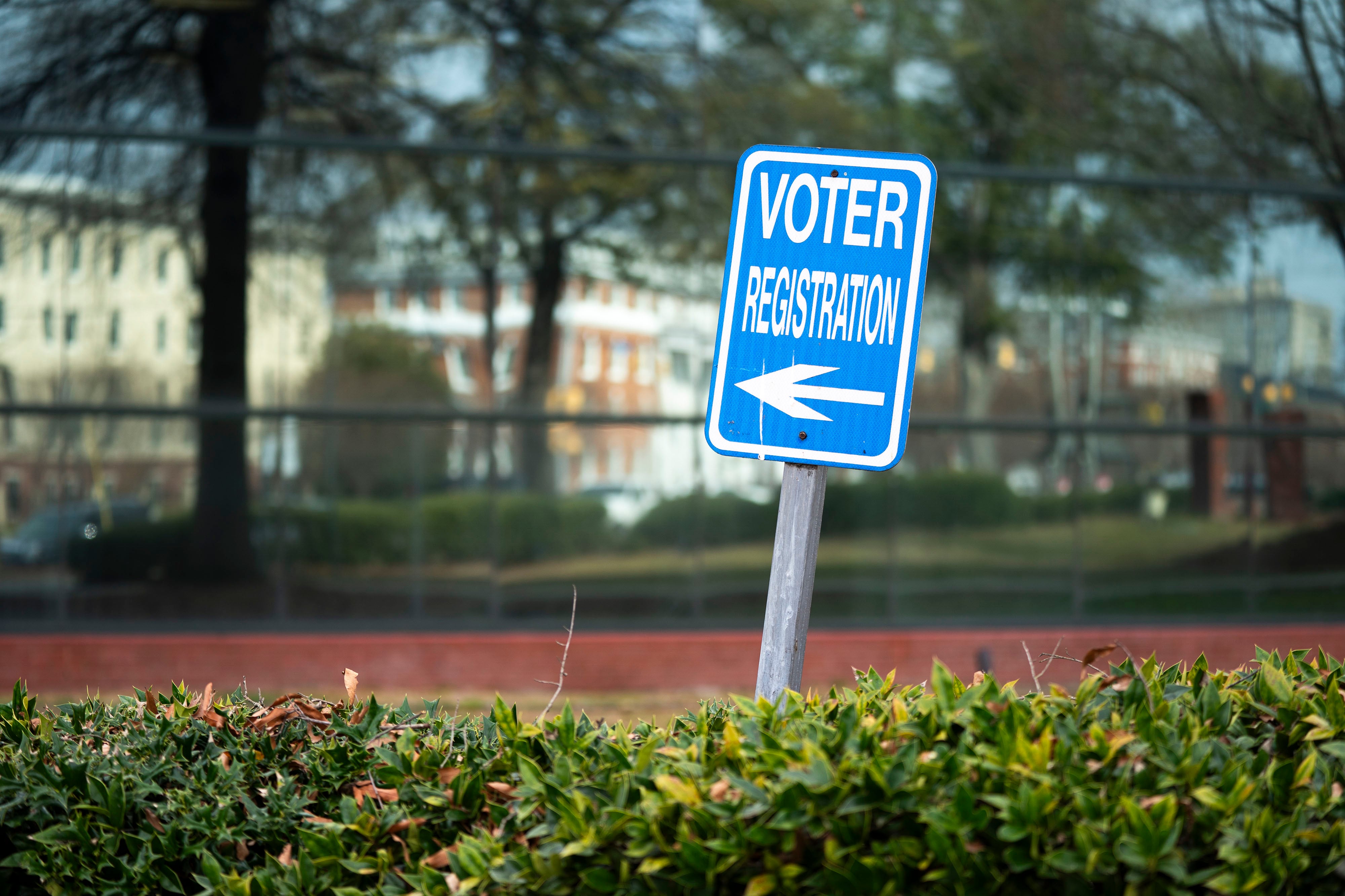 A blue and white sign that reads "Voter Registration," stands in a green bush in front of a building.