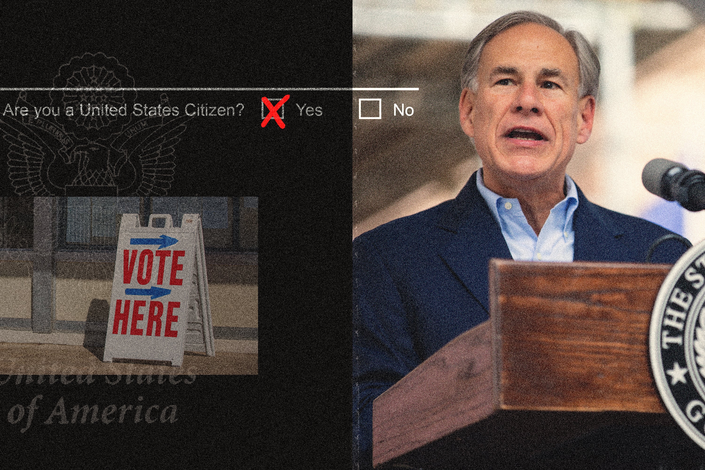 An illustration with a man behind a podium next to a photo that shows a sign that says "Vote Here" and some white text on a black background.