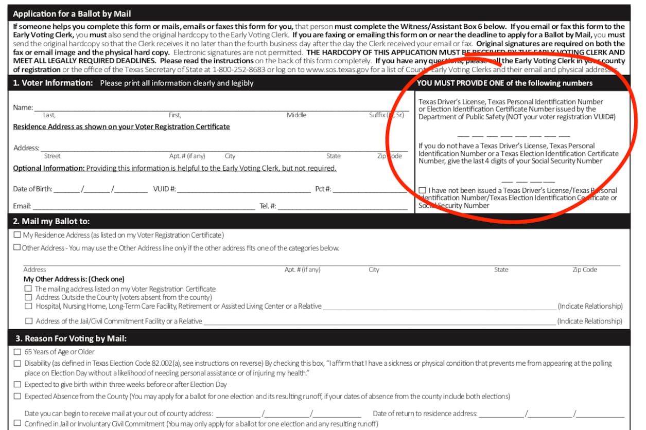 A copy of a blank Texas absentee application, with a red circle around the box that says, “You must provide one of the following numbers,” followed by explanatory text and spaces to write a Texas driver’s license number or the last four digits of a S