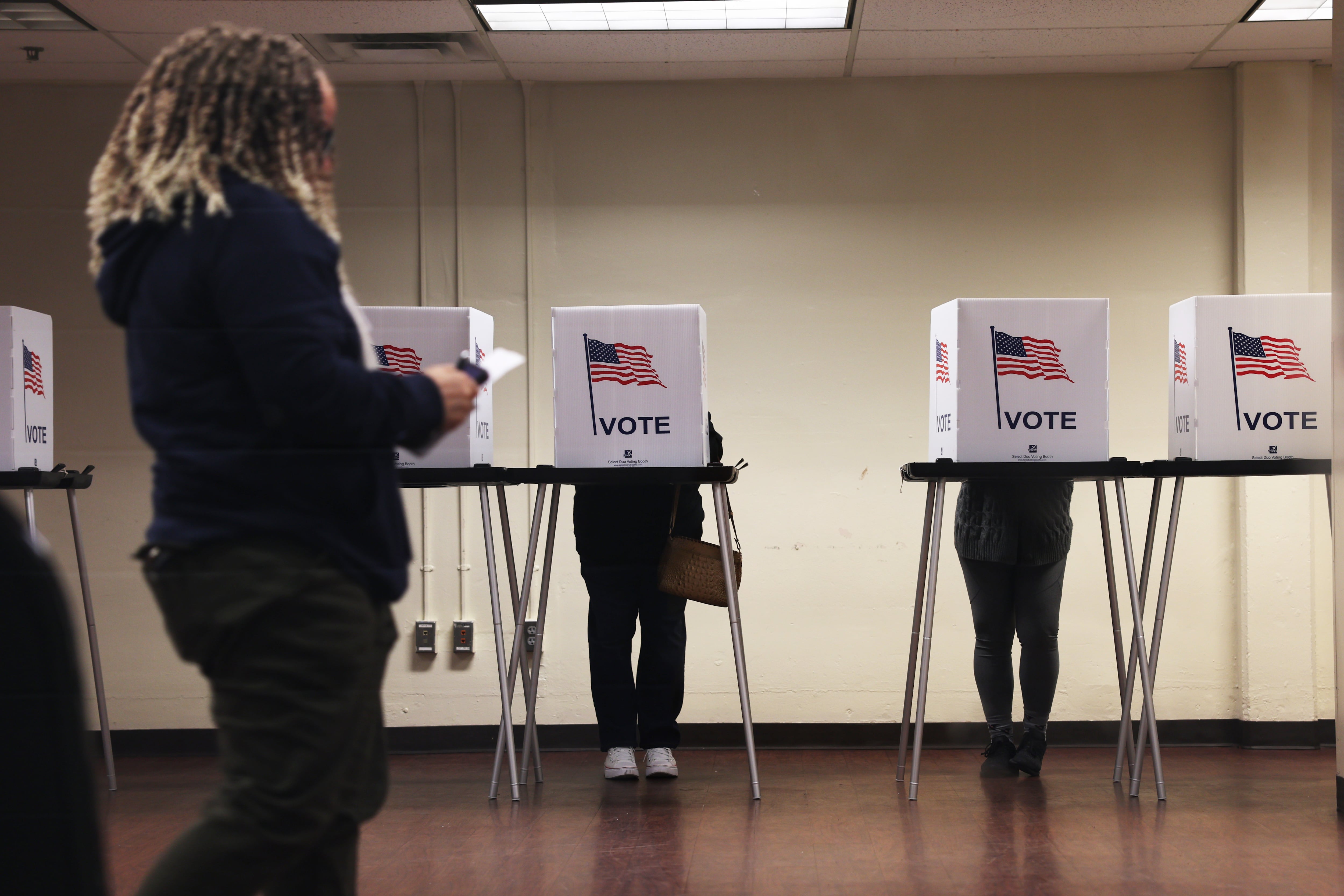 A woman with long hair and dark clothes stands in front of voting booths at which other people are voting.