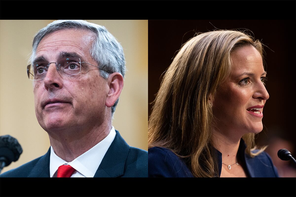 A diptych with a man with grey hair and wearing glasses on the left and a woman with light brown hair speaking into a microphone.