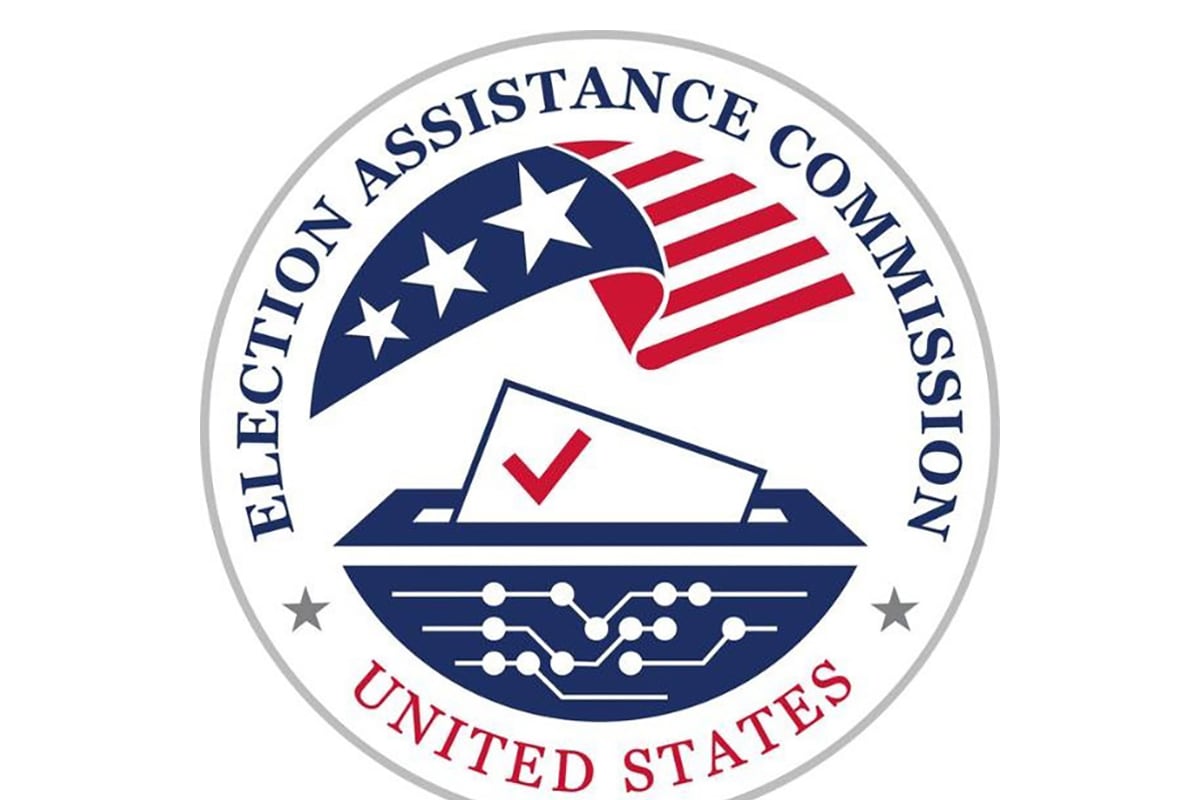 A seal with blue and red writing that reads "United States Election Assistance Commission" and part of an American flag and a ballot.
