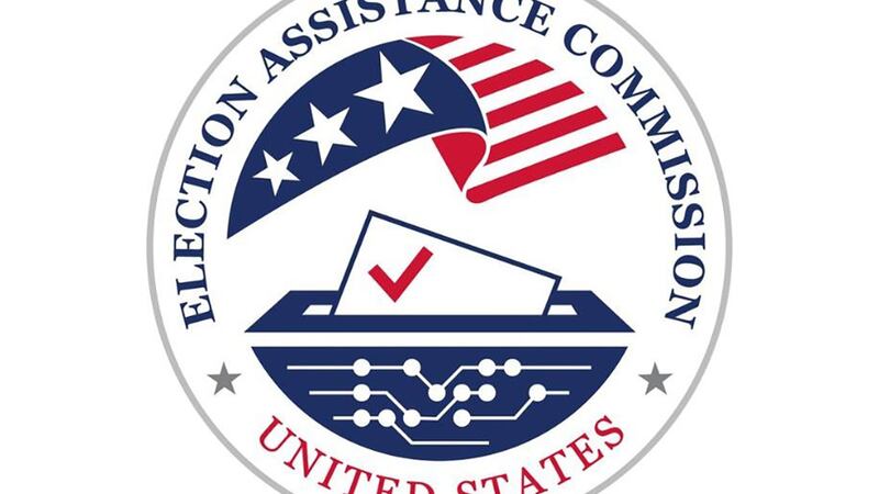 A seal with blue and red writing that reads "United States Election Assistance Commission" and part of an American flag and a ballot.