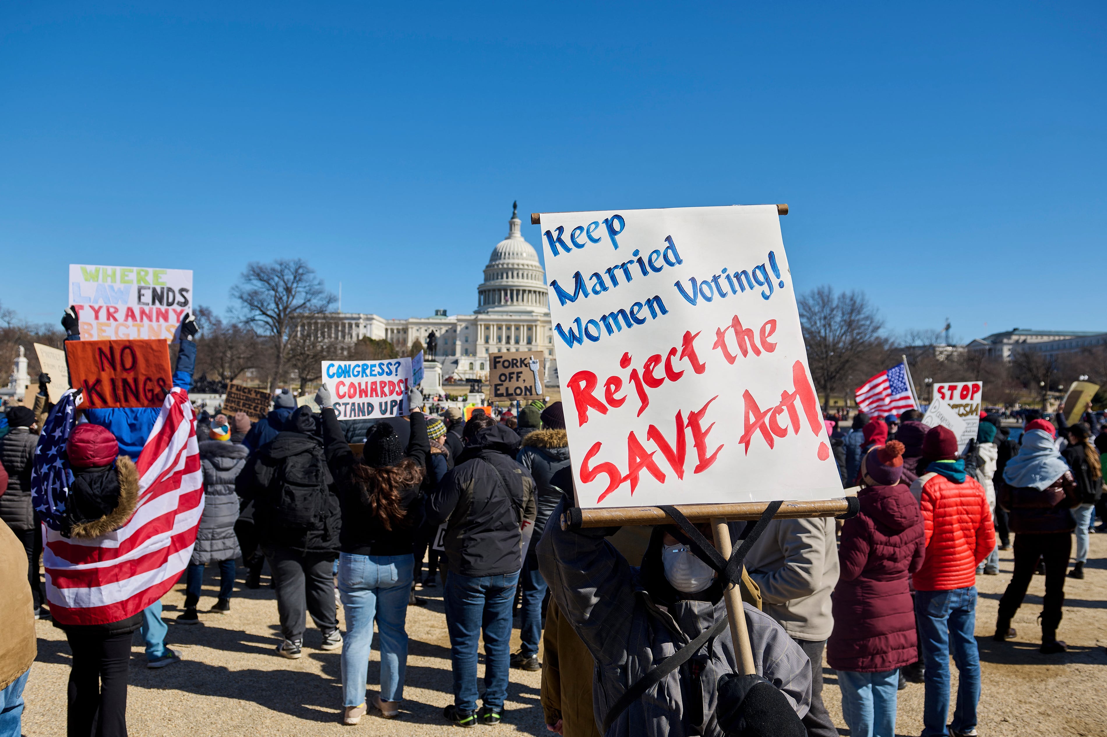 A group of people holding signs, an American flag stand in front of the Capitol building with a large blue sky in the background.