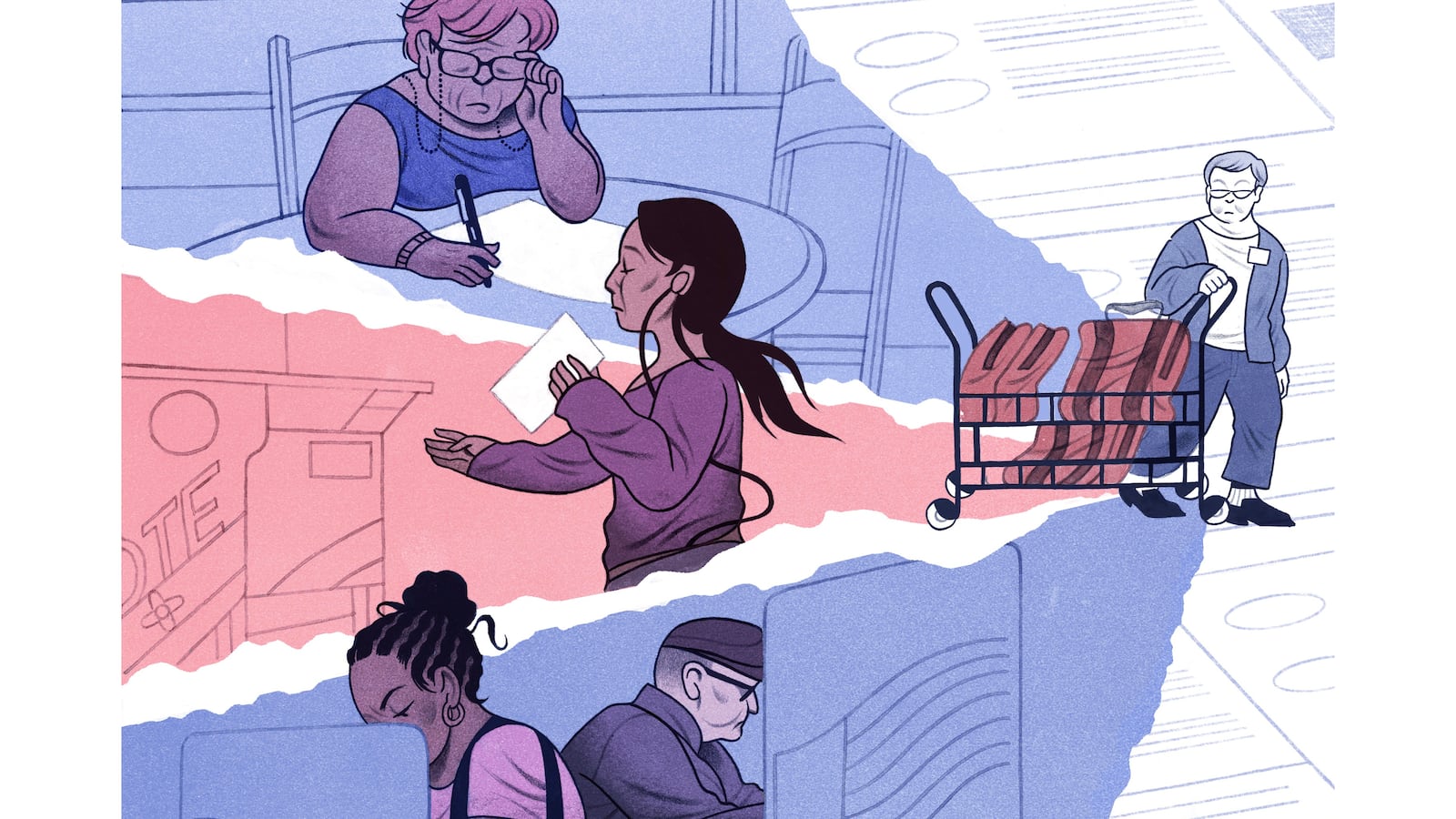 An illustrations of four people voting and one person pulling a cart with ballots.